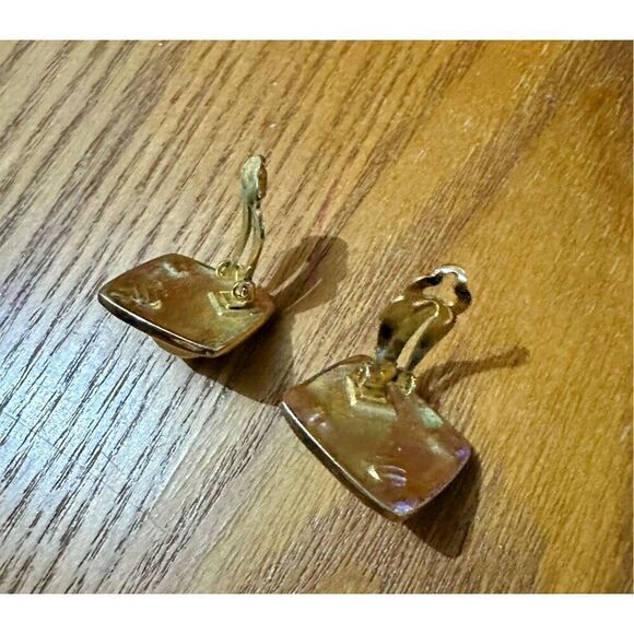 Vintage Premier Designs Two Tone Clip On Faux Pearl Diamond 80s Retro Earrings - Picture 5 of 6